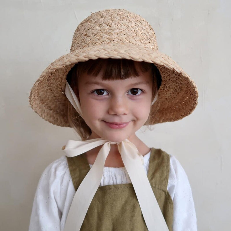 Hand-made Raffia Straw Hat For Kids Retro Flat Top Fold Down Brim Children&