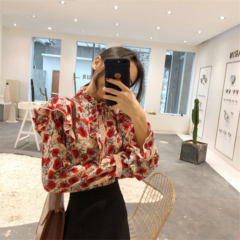 Alien Kitty plisado floral Stand femenino ahueca hacia fuera Chic 2020 All-match Sweet Flare mangas mujeres blusas sueltas de oficina para mujer