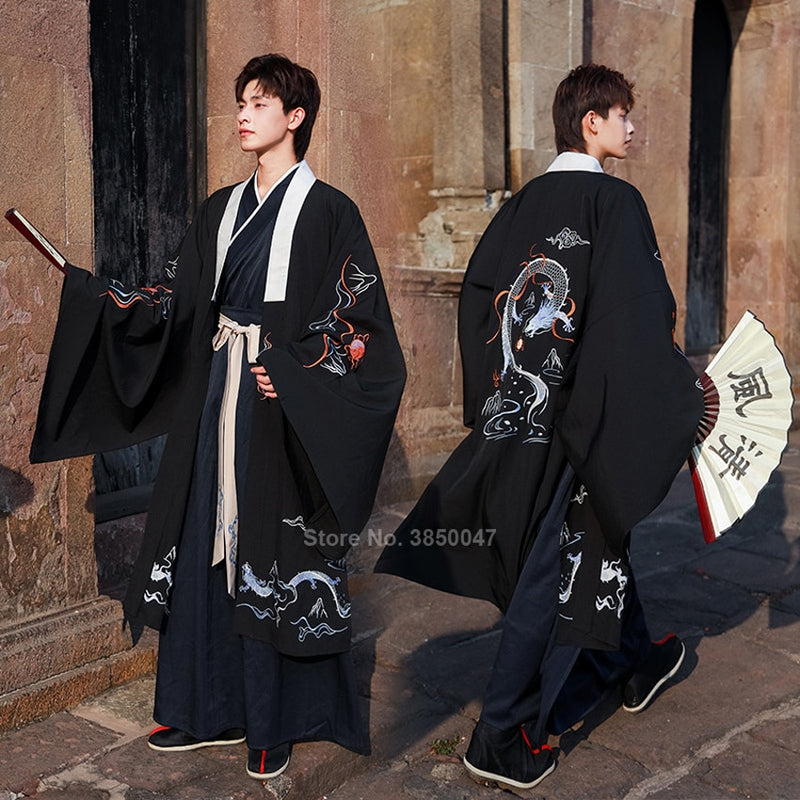 Samurai Man Kimono Set Dragon Print Harajuku Ancient Vintage Men Traditional Japanese Clothing Set Chinese Hanfu Performance