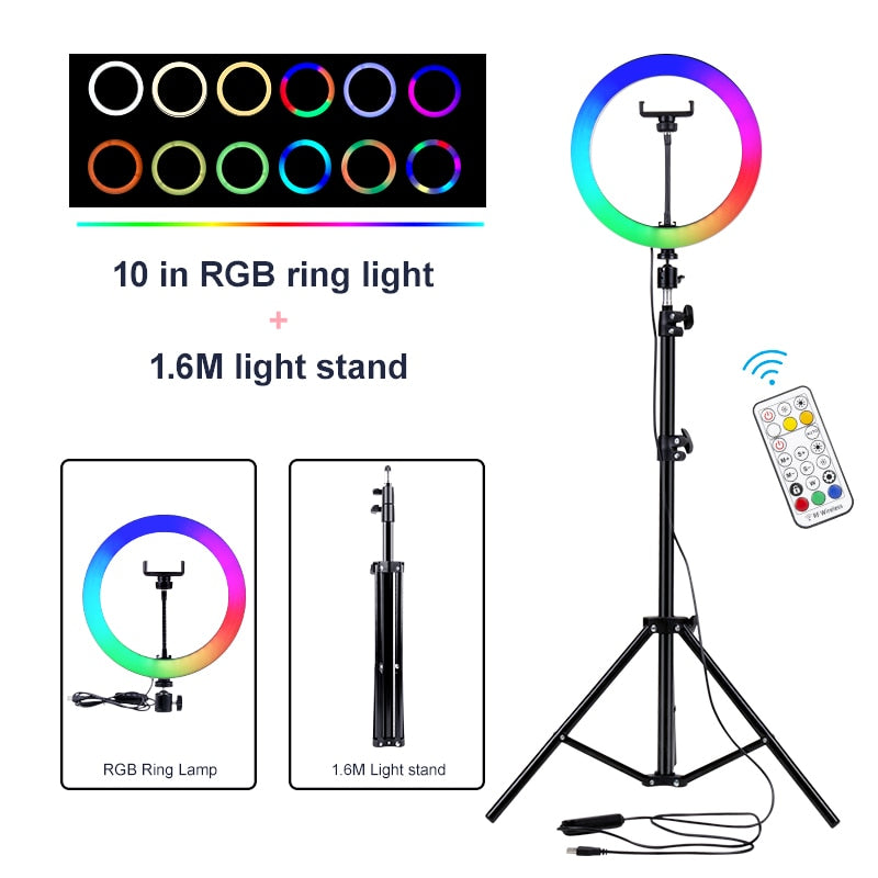 LED 10 inch RGB Dimmable Ring Lamp with Phone Clip Remote Control Photography Colorful Lighting for YouTube Live Stream