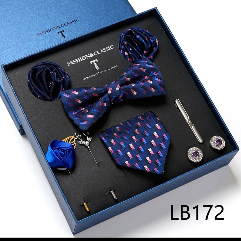 Envío Gratis, conjunto de corbata para hombre, caja de regalo de lujo, conjunto de corbata de seda, 8 Uds., embalaje interior, regalo festivo, pañuelos de bolsillo