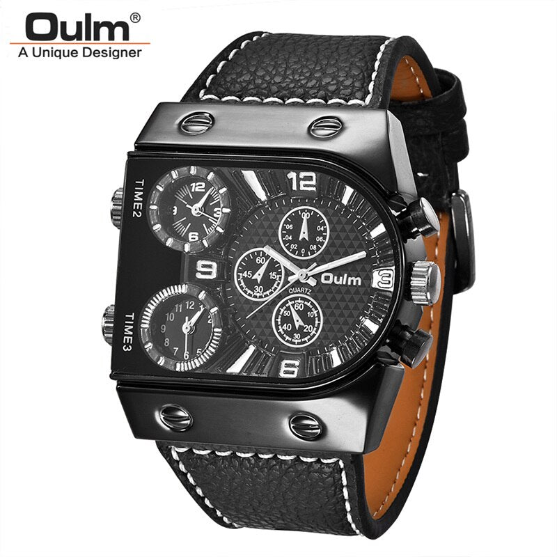 Multiple Time Zone Oulm Watches Unique Design 3 Different Time Outdoor Sports Watch Male Casual PU Leather Men's Wristwatch