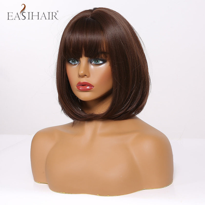 EASIHAIR Dark Brown Short BoBo Wigs with Bangs Heat Resistant Synthetic Hair Wigs Cosplay Lolita Female Wigs for Women