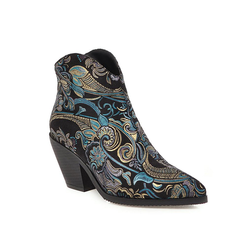 Classic Embroidered PU Leather Cowboy Ankle Boots for Women Wedge High Heel Boots Snake Print Western Cowgirl Boots 2019 Autumn