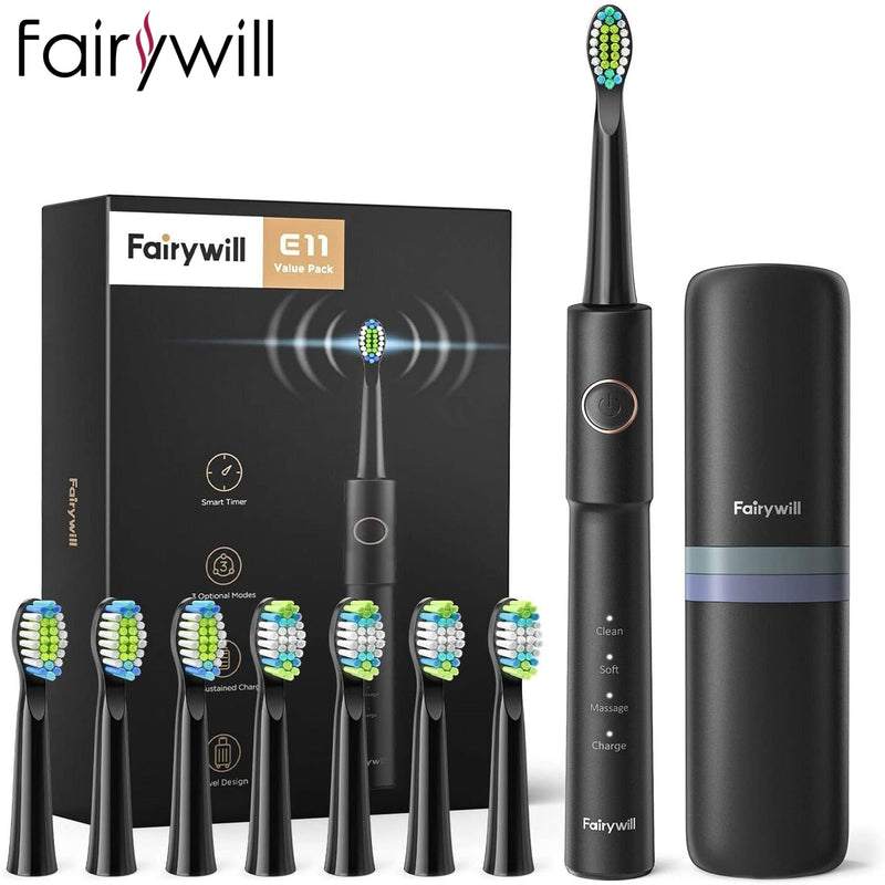 Fairywill Elektrische Schallzahnbürste E11 Wasserdichte USB-Aufladung Wiederaufladbare elektrische Zahnbürste 8 Ersatzbürstenköpfe für Erwachsene