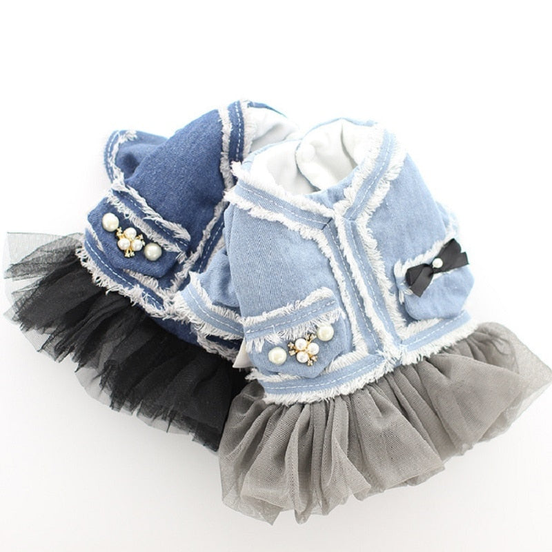 Warm Winter Dog Dress Coat Fleece  Denim Top Princess Dog Jacket Clothes for Small Dogs Tulle XS S M L XL