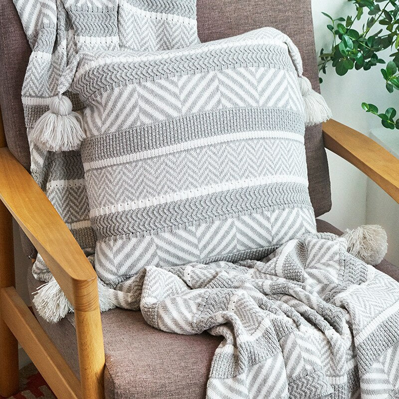 Funda de cojín de punto con decoración de REGINA Baroco, funda de almohada con diseño de borlas a rayas grises, funda de almohada nórdica de algodón supersuave para sofá y coche