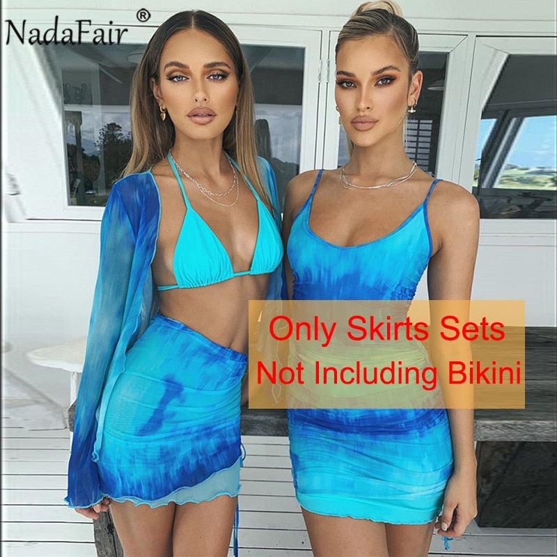 Nadafair Tie Dye Beach Sexy Kleid Frauen Zweiteiler Club Outfits Langarm Crop Tops und Miniröcke Figurbetontes Sommerkleid