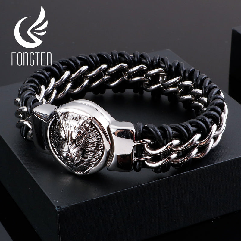 Fongten Antique Teen Wolf Head Charm Bracelet Braid Stainless Steel with Leather Rope Men's Bracelets Bangle Wristband Pulseira