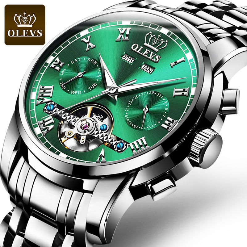 OLEVS Automatic Mechanical Men Watches Stainless Steel Waterproof Date Week Green Fashion Classic Wrist Watches Reloj Hombre