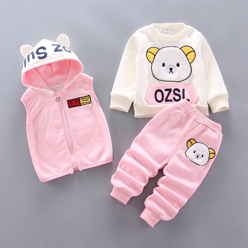 Winter Baby Girls Hooded Clothes Children Christmas Sets Vest+Coat+Pant 3 Pieces Boy Suits Cartoon Bear Garment For Kids 1-4 Age