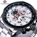 Forsining Mens Automatic Watch Blue Steel Band Calendar 3 Sub Dial Wristwatch Mechanical Waterproof Male Clock Relogio Masculino