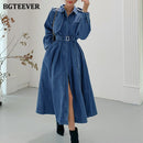 BGTEEVER 2020 Vintage Chic Women A-line Long Denim Dress Autumn Winter Single-breasted Belted Female Jeans Dress Loose Vestidos