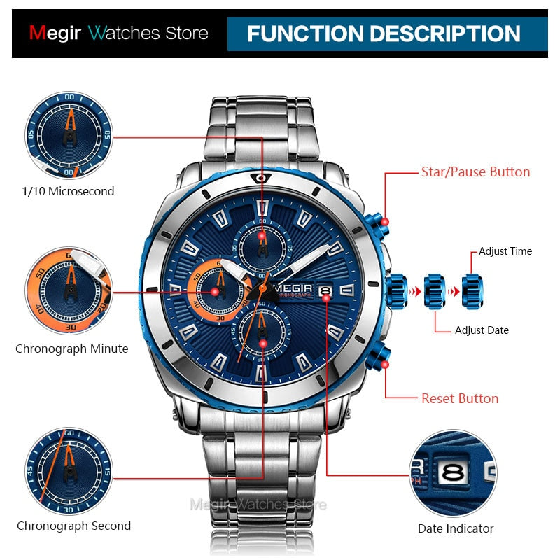 Megir Watches Men 2020 Luxury Mesh Strap Business Quartz Watch for Man Top Brand Waterproof Army Sport Wrist Watches Blue Face