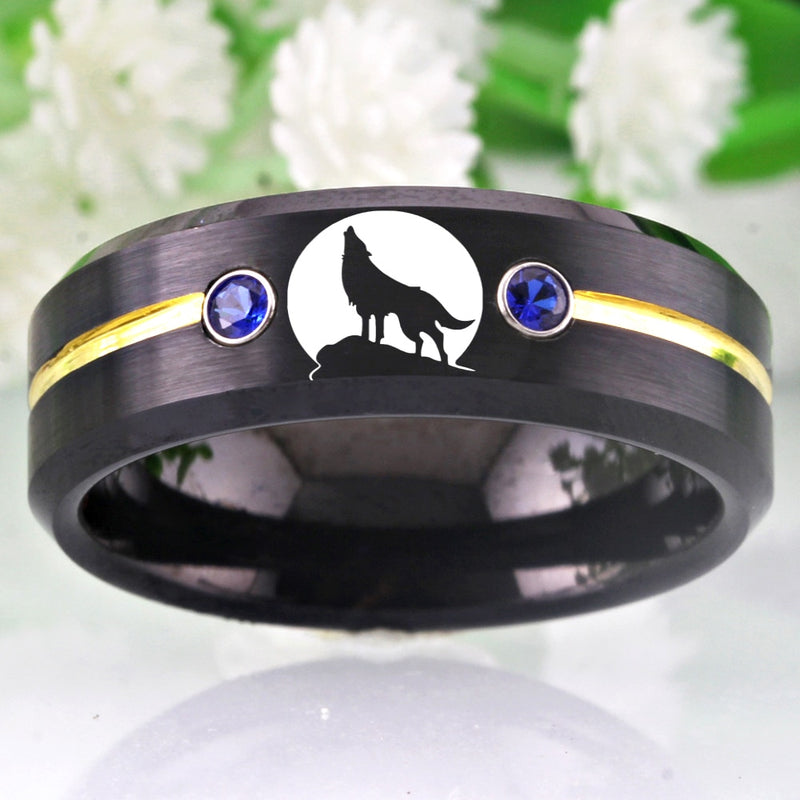 Tungsten Wolf Rings For Men Lone Wolf Howling Moon Ring Men&