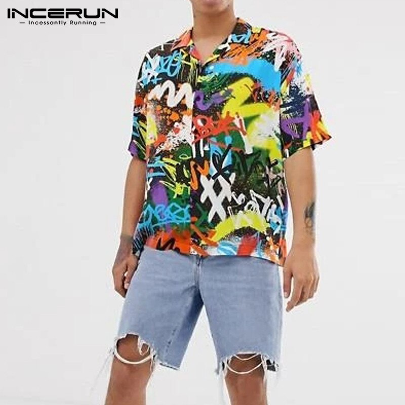 Camisa estampada de verano para hombre, ropa de calle de manga corta con cuello vuelto, camisas hawaianas holgadas elegantes para hombre, Camisa de vacaciones INCERUN 2022