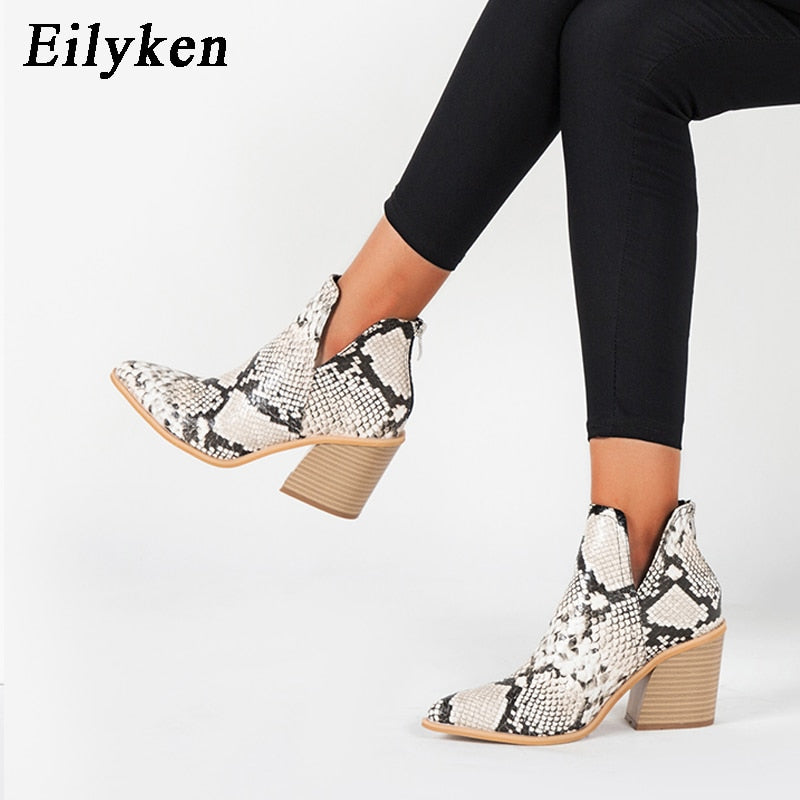 EilyKen Women Early Winter Ankle Boots Leopard Female Zipper Casual Black Cowboy Square Heel Booties Shoes Zapatos De Mujer