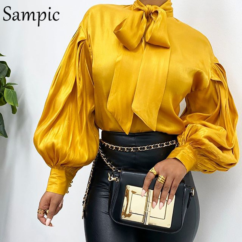 Sampic Women Fashion Female Casual Office Turtleneck Satin Blouse Shirt Red Vintage Long Sleeve Blouse Tops Spring