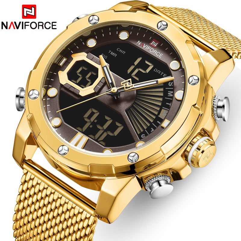 Nuevos relojes NAVIFORCE de la mejor marca, Reloj de cuarzo dorado de lujo para Hombre, Reloj de pulsera deportivo grande resistente al agua, Reloj de acero inoxidable con fecha para Hombre