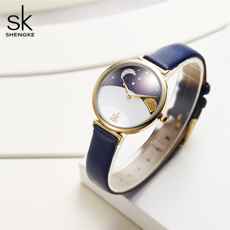 Shengke Fashion Blue Damenuhr Quarz Lady Lederuhr für Damen Casual wasserdichte Armbanduhr Romantic Moon Stars Dial