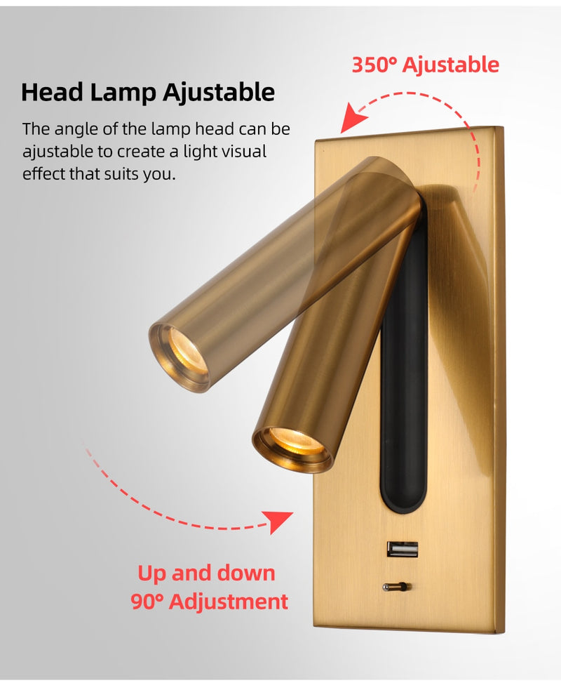 Lámpara de cama moderna, lámpara de pared Interior con decoración de carga USB para dormitorio, iluminación de lectura, cabecera de hotel, luz de pared led de 3W