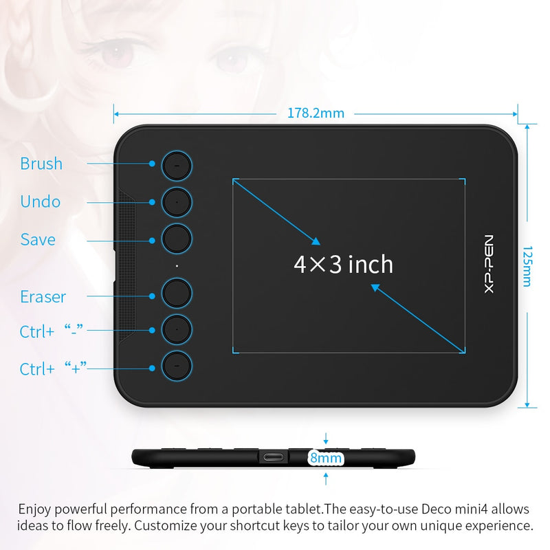 XPPen Deco mini 4 Grafiktablett Digitales Tablet zum Zeichnen 4 x 3 Zoll 8192 Level für Android Windows MacMac