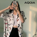 Chic Vitage Short Sleeve Loose Women Blouse Shirt Y2K Butterfly Printing Button Up Pockets Womens Shirts 2022 Summer Y2K Tops