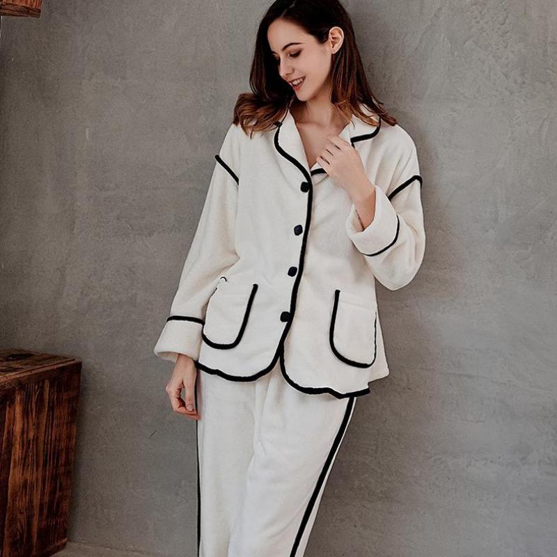 Autumn Winter Flannel Pajamas Set Women Loungewear Warm Thick 2PCS Sleepwear Loose Pijamas Suit Femme Pyjamas Pour Homewear