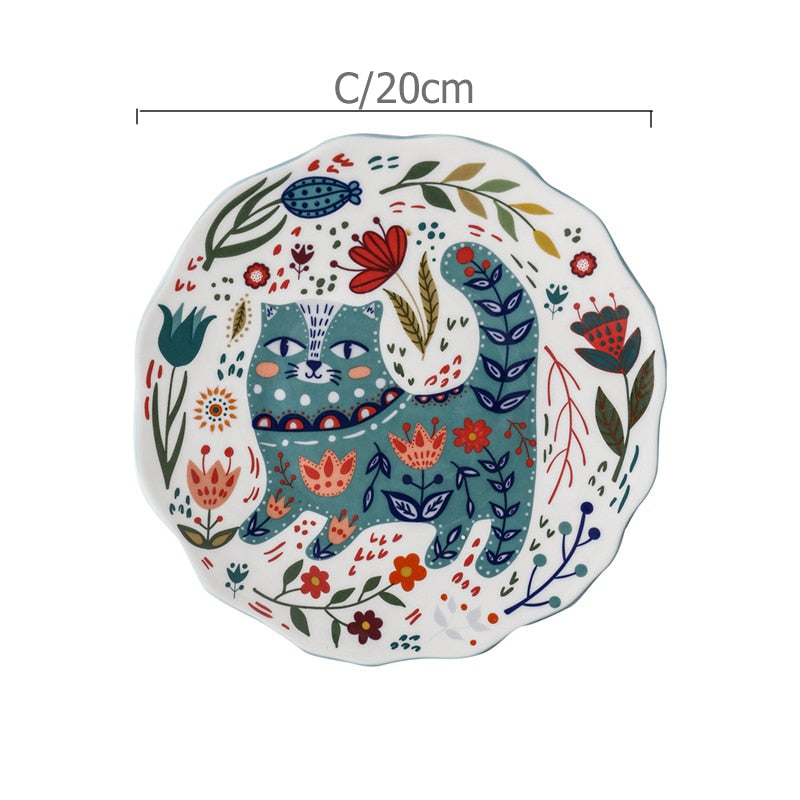 8 inch Colorful Cat Dinner Plate Under-glazed Ceramic Dinner Dishes Dessert Tray Flower Kitten Dinnerware Microwave Safe