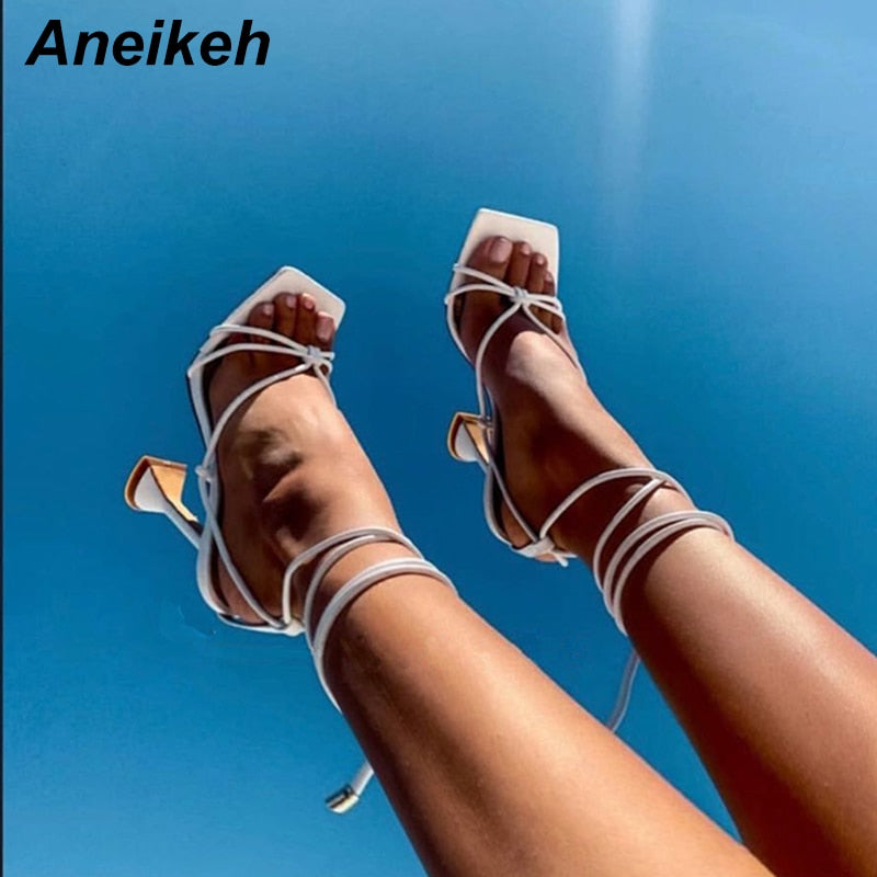 Aneikeh, zapatos de verano para mujer, sandalias básicas de Pu a la moda, tacones de punta cruzados, zapatos de tacón con cordones para fiesta, talla 35-42, negro, blanco, albaricoque