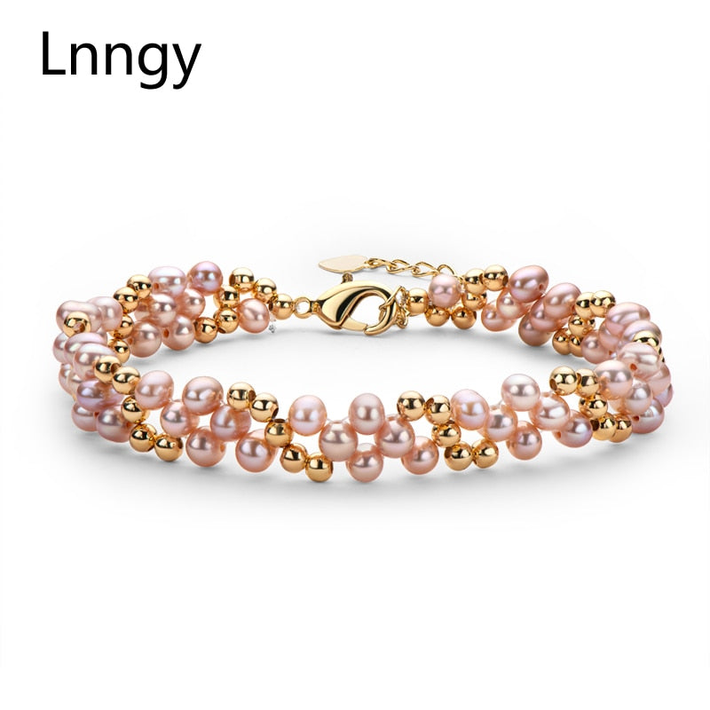 Lnngy 14 Karat Gold gefülltes mehrschichtiges Armband 4-5 mm natürliche Süßwasser-Ovalperle verdrehtes Mode-Armband-Frauen-Armband-Schmuck