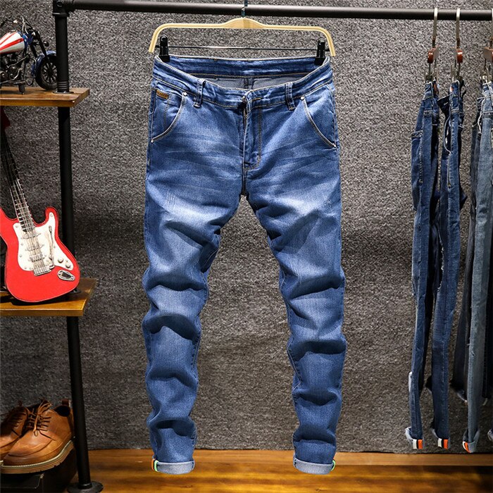 Skinny Jeans Men Zipper Fly Slim Fit Denim Joggers Stretch Male Jean Pencil Pants Blue Men&