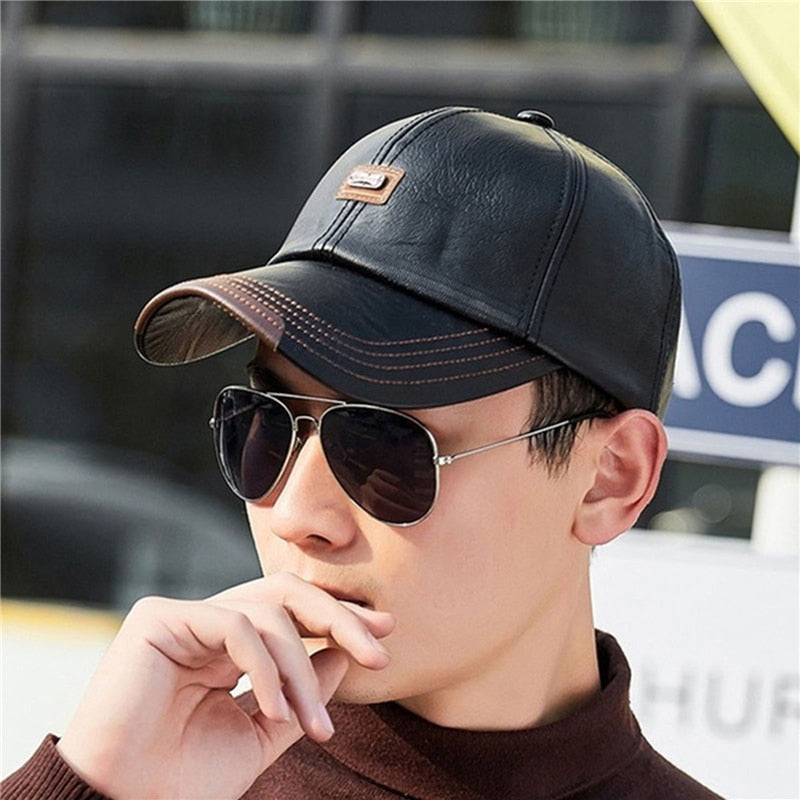 NEW Baseball Cap Casual Fashion Hat Autumn And Winter Plus Velvet Cap Leather Baseball Cap For Men