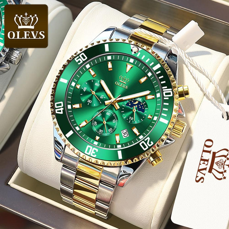 Relojes OLEVS de cuarzo con cronógrafo para hombre, relojes de acero inoxidable de lujo con esfera verde para hombre, reloj Masculino luminoso resistente al agua