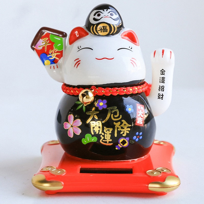 4.2 inch Solar Powered Ceramic Lucky Cat Daruma Figurine Shaking Arm Beckoning Fortune Cat Home Car Decor Wealth Maneki Neko