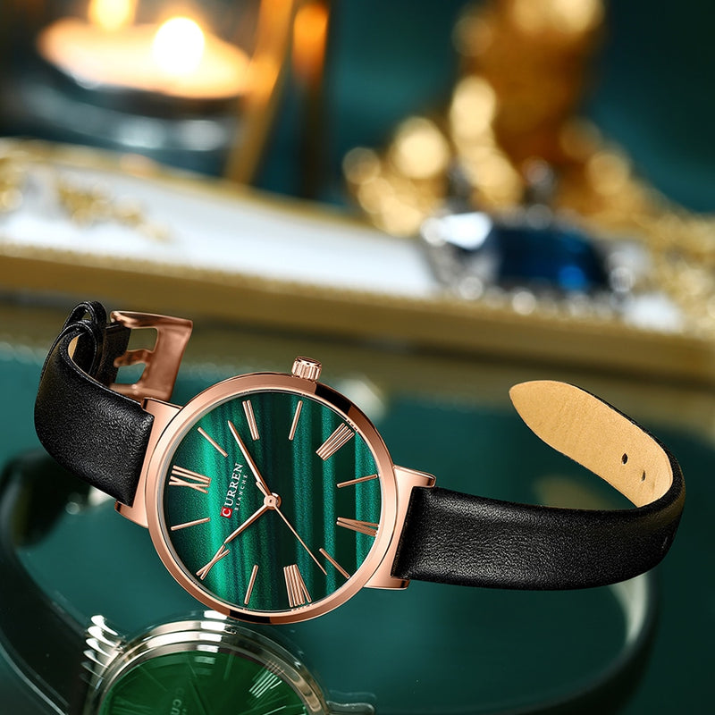 Relojes de lujo de moda CURREN para mujer, reloj de pulsera de cuarzo verde malaquita con reloj de cuero para mujer