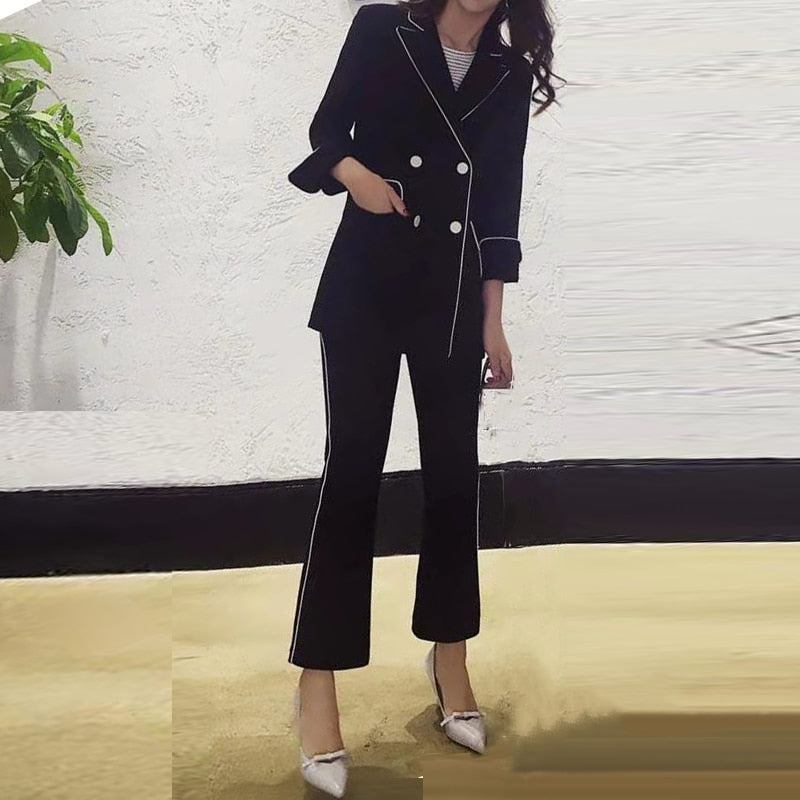 Sommer-Frühlings-Kleidung der neuen koreanischen Mode-eleganten Frauen Zweireiher-Jacken-dünne Blazer-gerade Bleistift-Hosen zweiteiliges Set