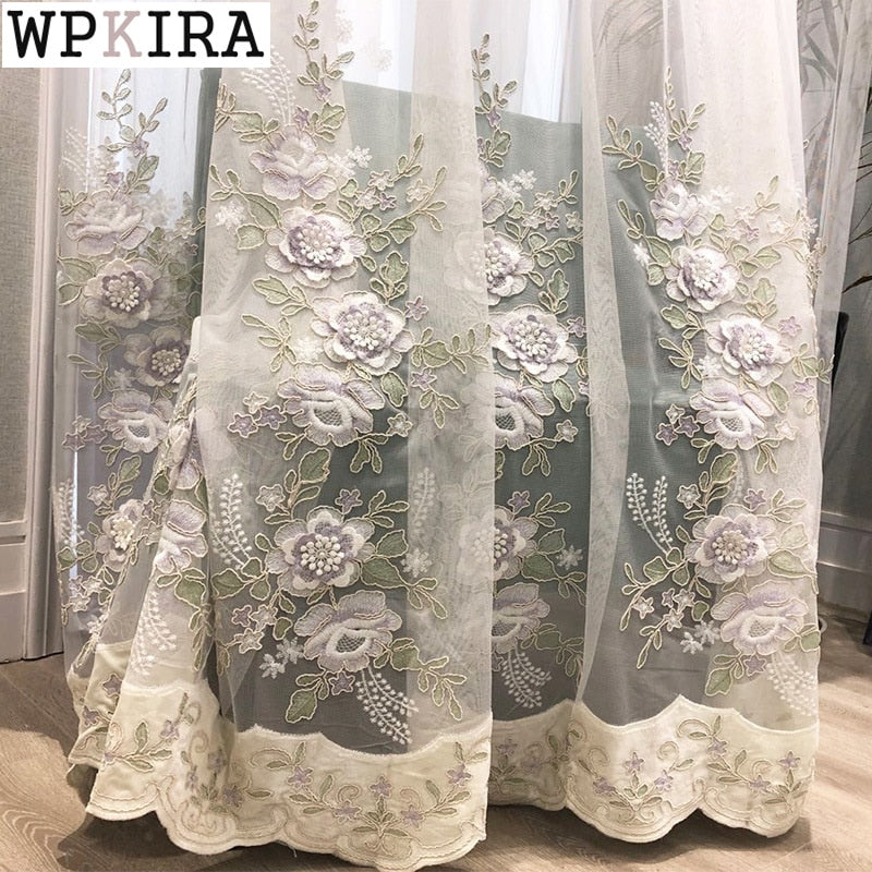 Französischer romantischer bestickter Samt-Voile-Vorhang für Wohnzimmer, Blumenmuster, zarter, transparenter Vorhang, Schlafzimmer-Jalousien S467