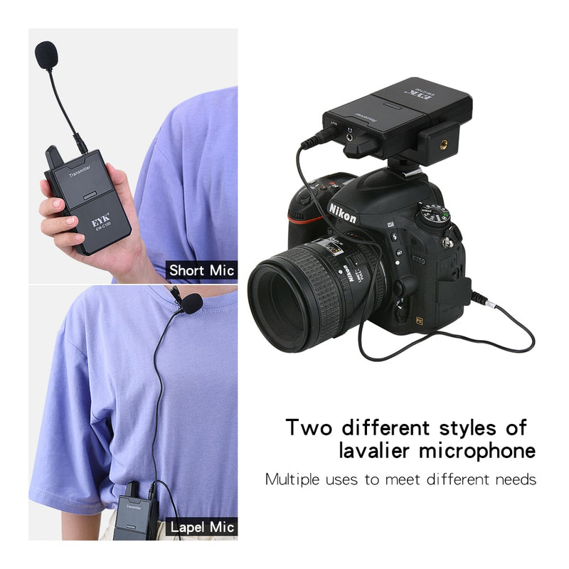 EYK EW-C102 Micrófono de solapa para cámara UHF Micrófono de solapa inalámbrico con función de monitor de audio para teléfonos DSLR DV Videocámara Webcast