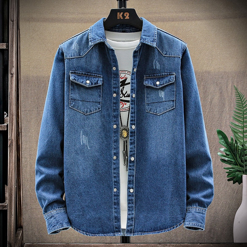 Denim Shirt Men Cotton Jeans Shirt Fashion Autumn Slim Long Sleeve Cowboy Shirt Stylish Wash Slim Tops Asian Size 3XL