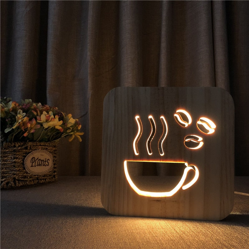 USB 3D LED Wood Night Light  Cross  Animal Tea Style Luminaria Fashion Lamp For Living Room Coffee Shop Dining Room Home Decor