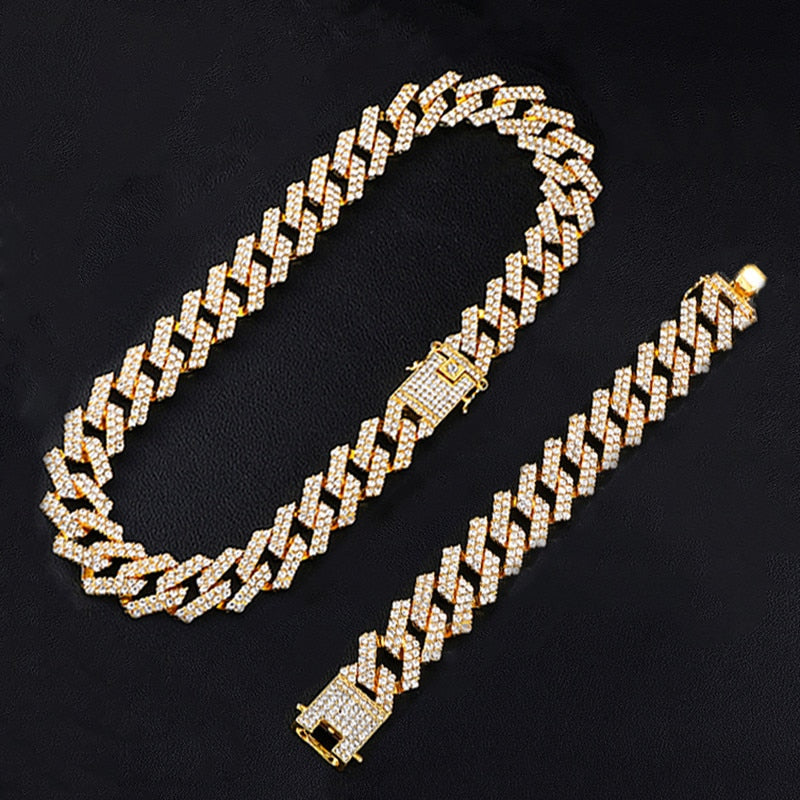 Hip Hop 1kit 20MM Silver Color Heavy Full Iced Out Paved Rhinestones Prong Cuban Chain CZ Bling Choker Necklaces For Men Jewelry