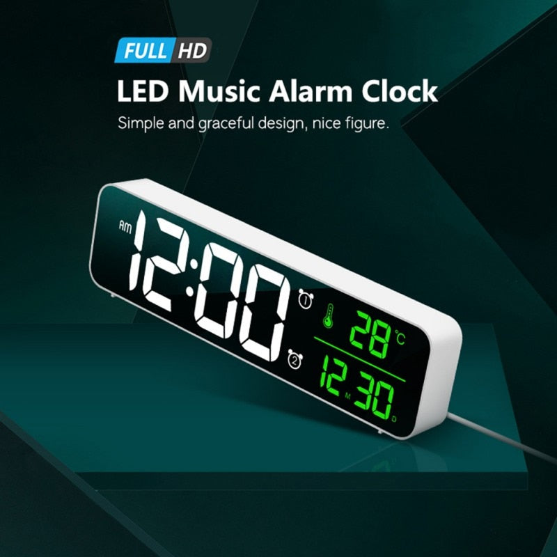 Despertadores digitales LED con Snooze Digital Temp Time Music Reloj dual con cargador USB Pantalla de dígitos grandes Atenuador de brillo