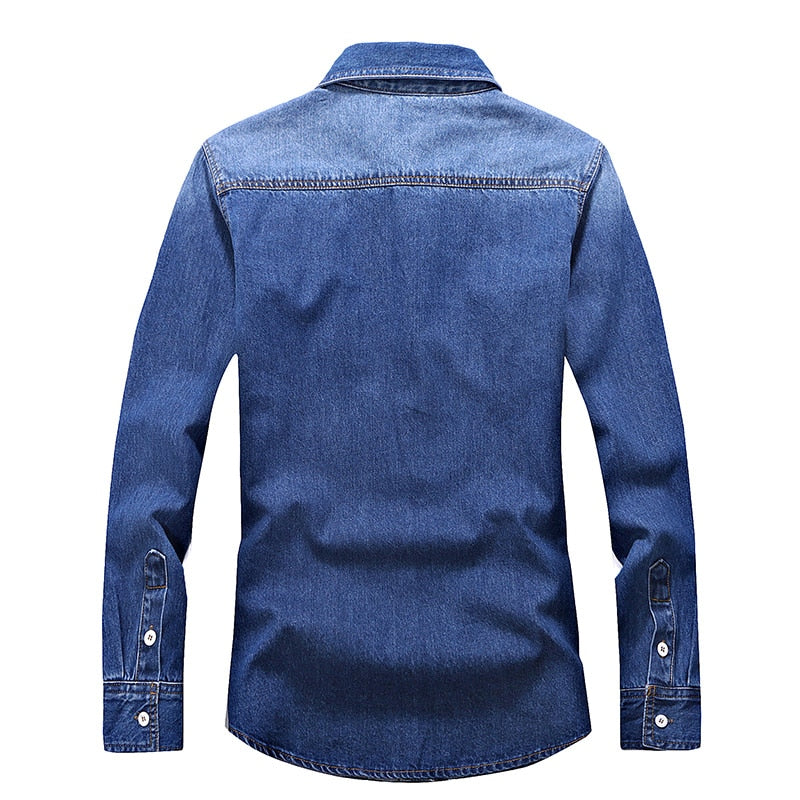 Denim Shirt Men Cotton Jeans Shirt Fashion Autumn Slim Long Sleeve Cowboy Shirt Stylish Wash Slim Tops Asian Size 3XL