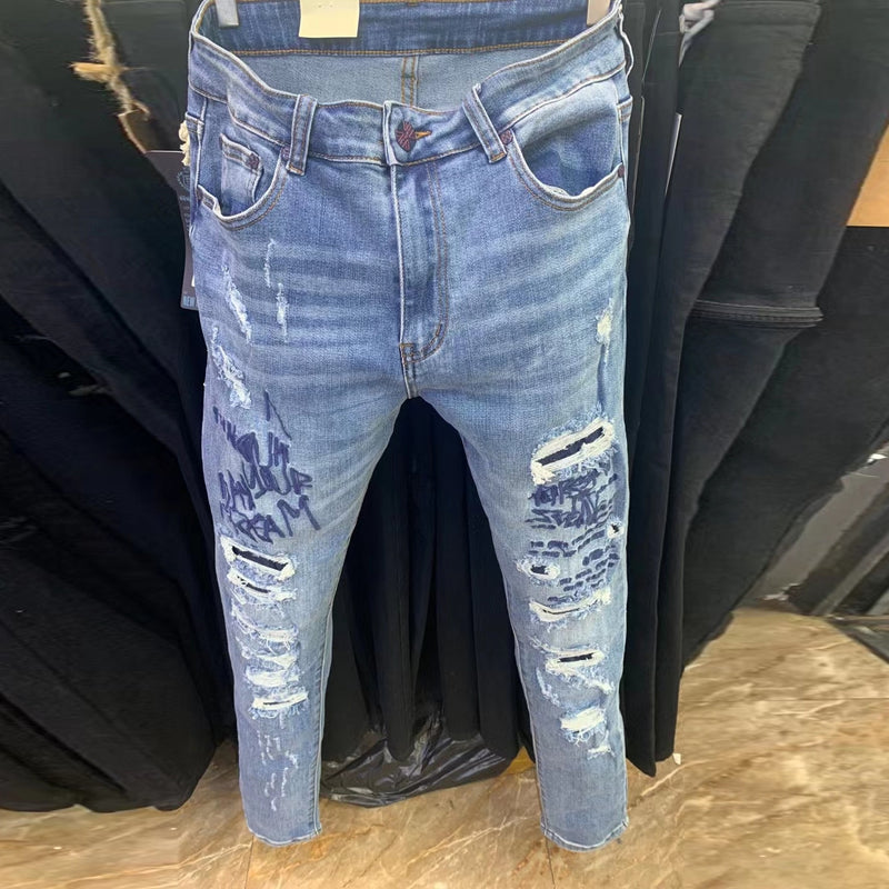 Men Fashion Brand Slim Hole Ruffian Denim Pant Autumn Ins Korean Version Letter Embroidery Straight Leg Pants Ripped Tight Jean