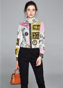 Sommer Damen Schlanke Blusen Tops Barock Print Runway Langarm Shirt Damen Kragen Elegante Vintage Büro Shirts Arbeitskleidung