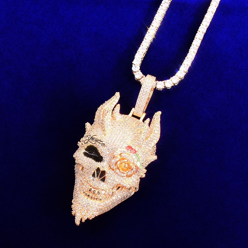 Skull Men's Pendant Cubic Zircon Gold Color Plated Hip Hop Necklace Rock Jewelry