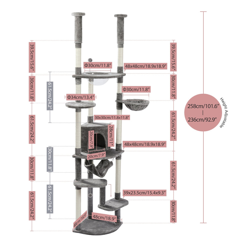 Tall Cat Tree Tower with Scratching Post Adjustable Height Multi-layer Platform with Soft Hammocks Condo Transparent Nest