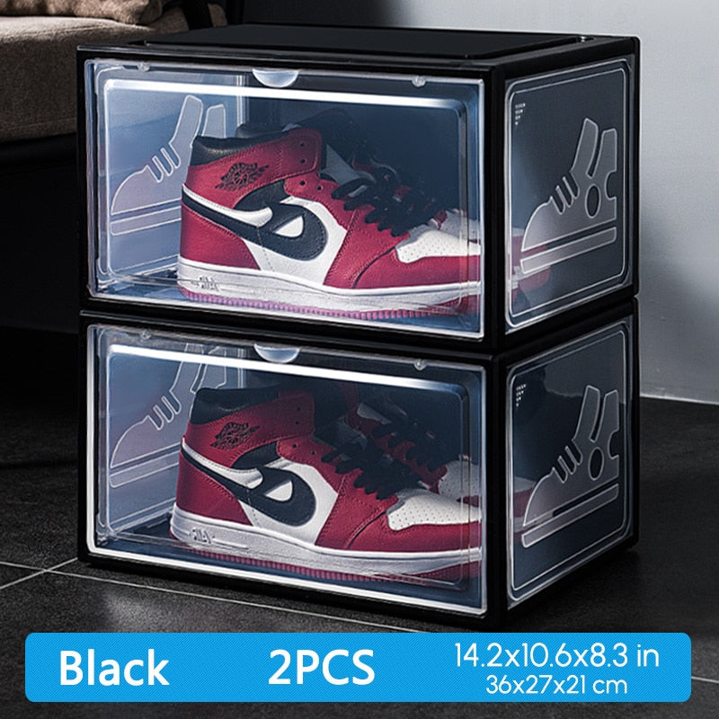 2er-Pack AJ Sneakers Box Gehärteter Kunststoff-Schuhkarton Stapelbarer Schrank Aufbewahrungsbox High-Top Staubdichter AJ-Schuh-Organizer Schuhregal