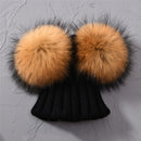 Winter Baby Knit Hat With Two Fur Pompoms Boy Girls Natural Fur Ball Beanie Kids Caps Double Real Fur Pom Pom Hat for Children